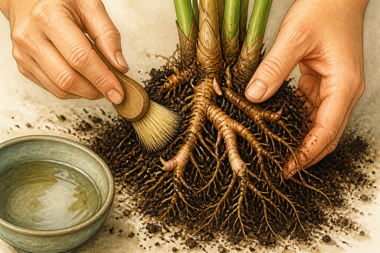 Hands brushing soil from a snake plant root ball to reveal rhizomes.