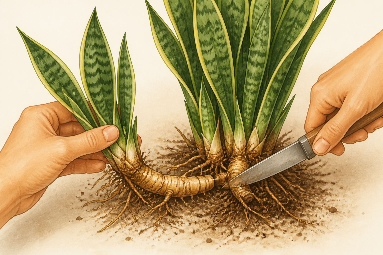 Hands separating a snake plant into two divisions with a knife cutting a rhizome.
