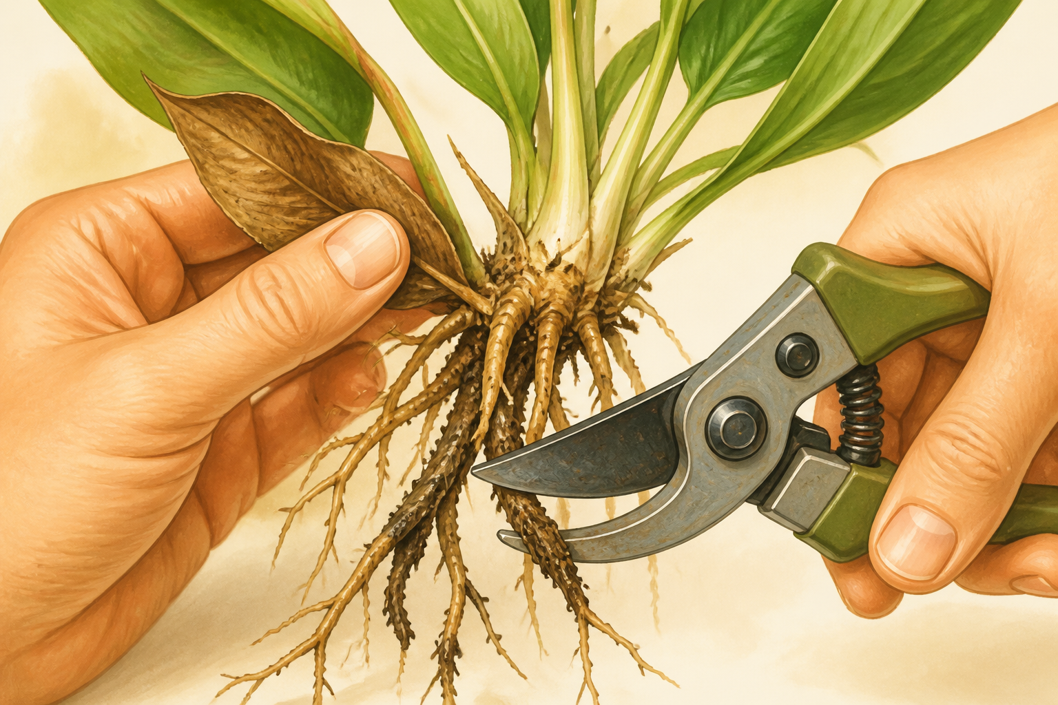 Hands trimming a damaged leaf and roots from a snake plant division with shears.