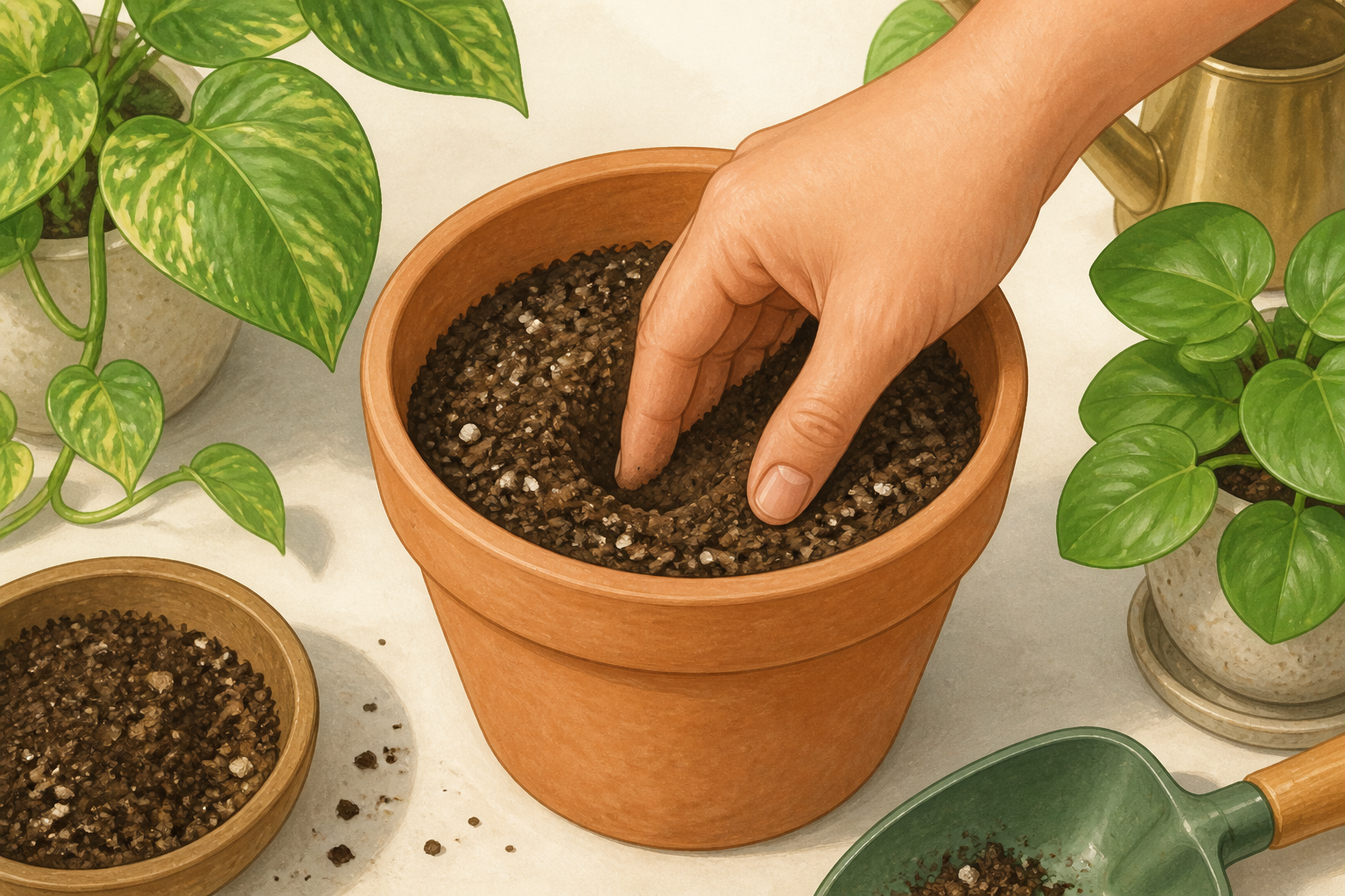 Small pot filled one-third with potting mix and a hand making a hole for the plant.