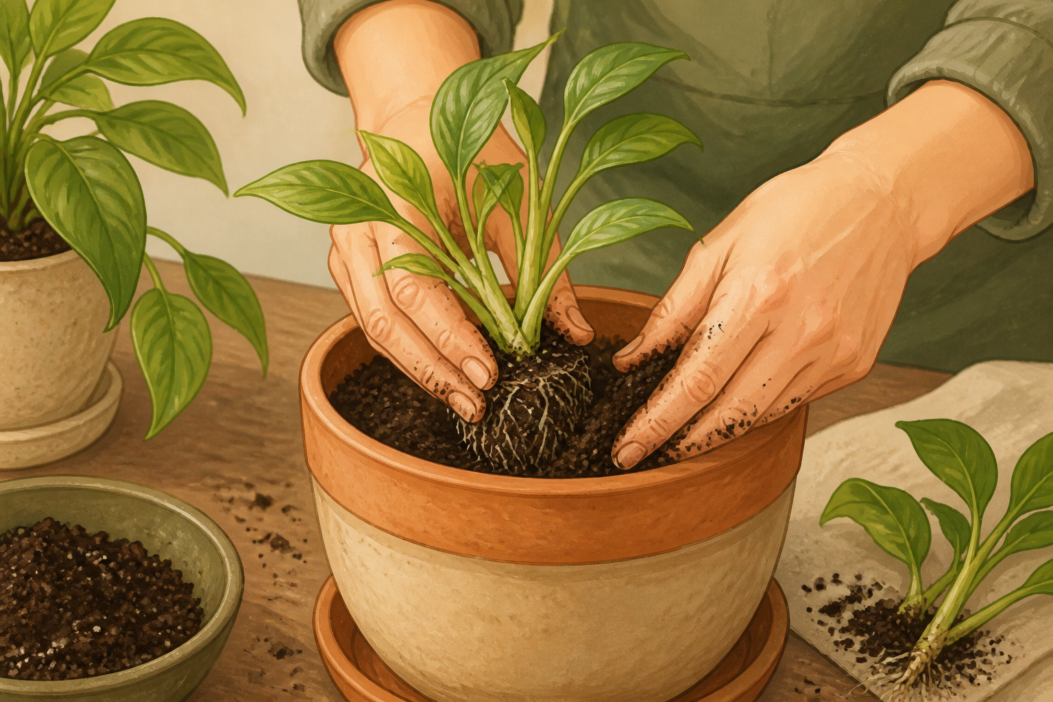 Plant division placed in pot while hands gently backfill soil around the roots.
