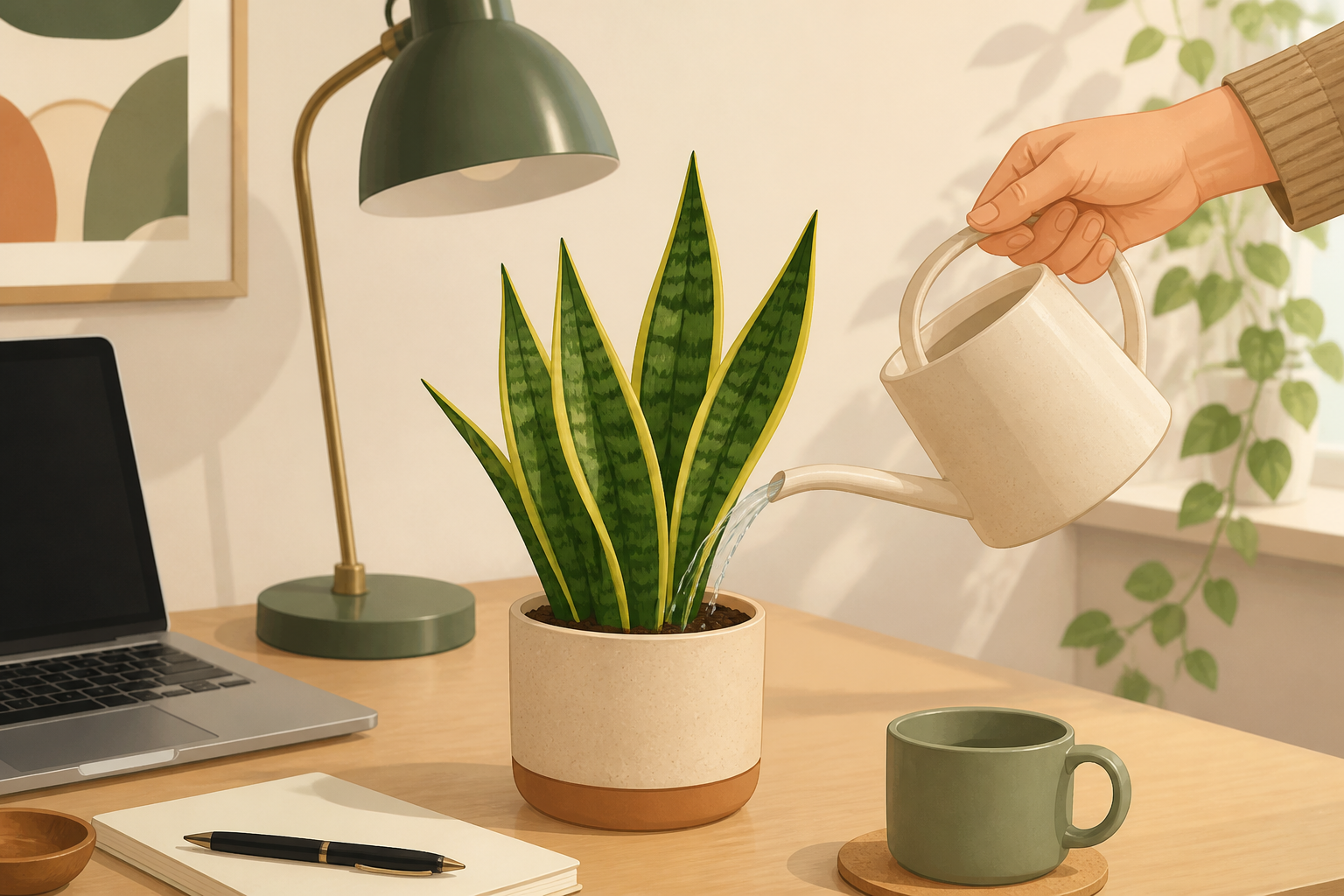 Newly potted snake plant on a tidy desk receiving a light watering.