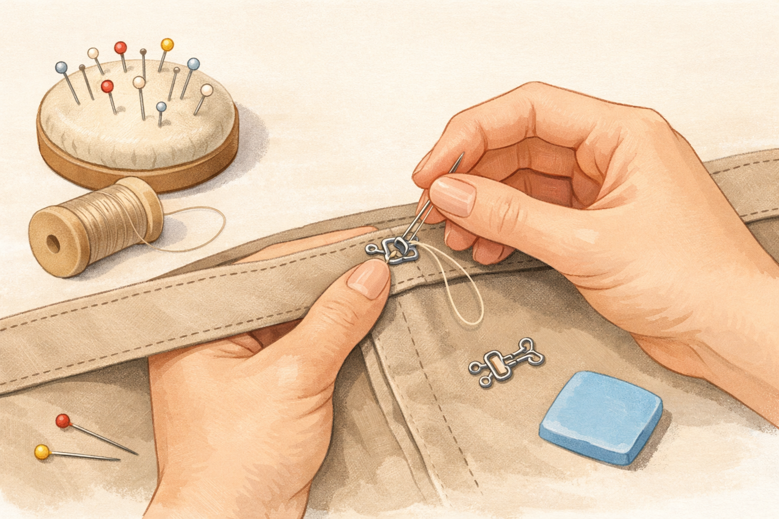 Hands stitching a small metal hook-and-eye to a waistband, with thread, pins, and chalk on a tidy workspace.
