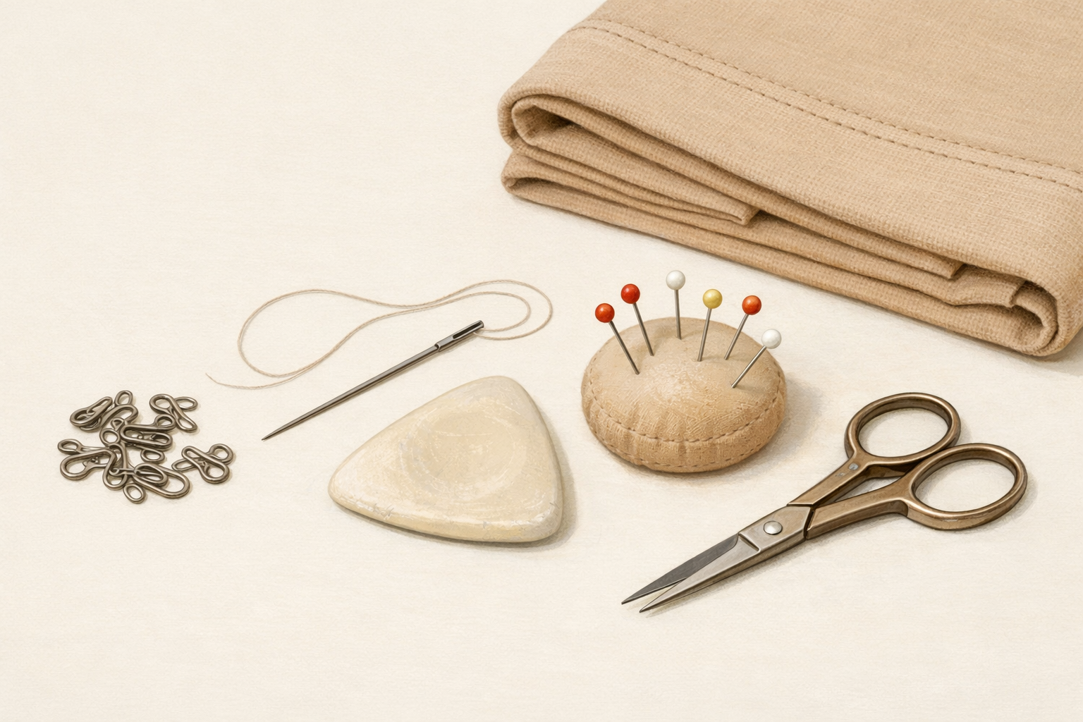 Sewing tools and a waistband neatly arranged on a work surface.