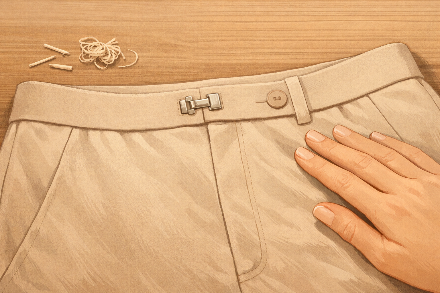 A neatly finished waistband with the hook-and-eye closed and the fabric smoothed flat.