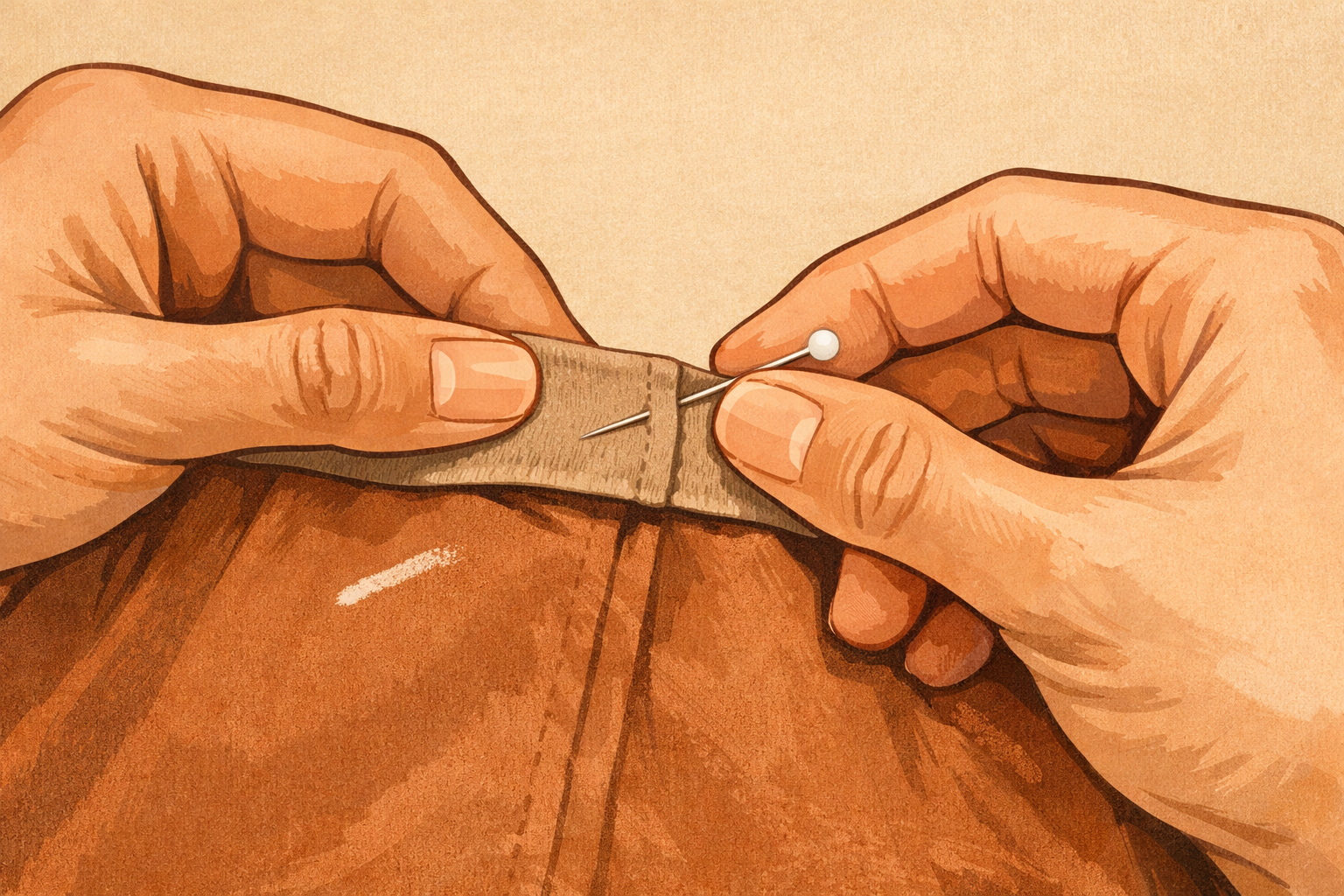 Hands aligning a waistband and inserting a pin through both layers to mark the closure point.