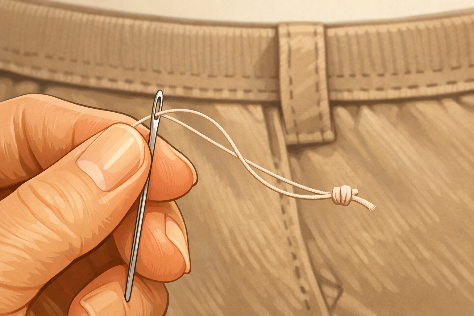 A needle being threaded with a knot in the end, ready to sew beside a waistband.