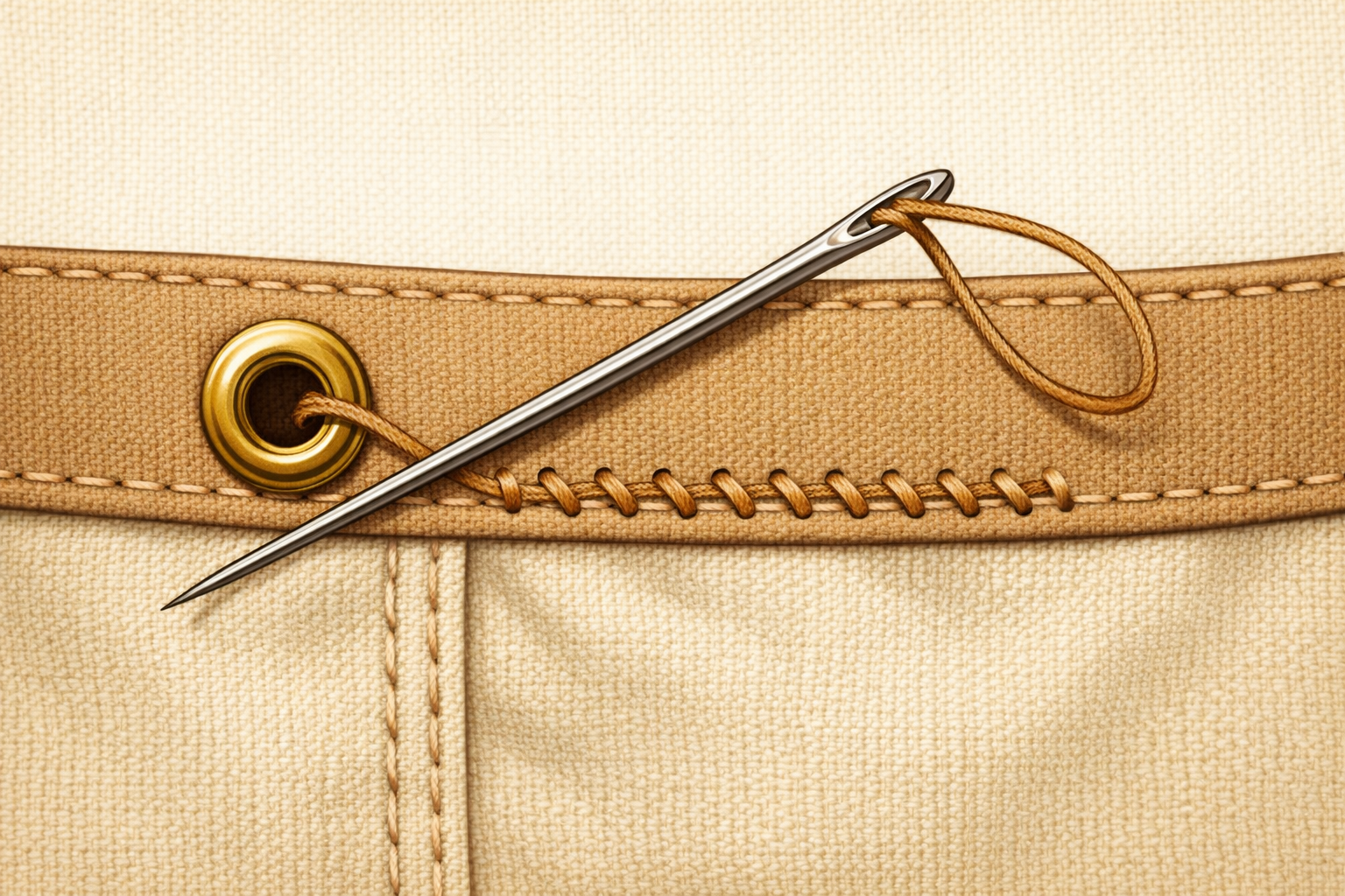 Close-up of stitches securing the metal eye to the waistband.