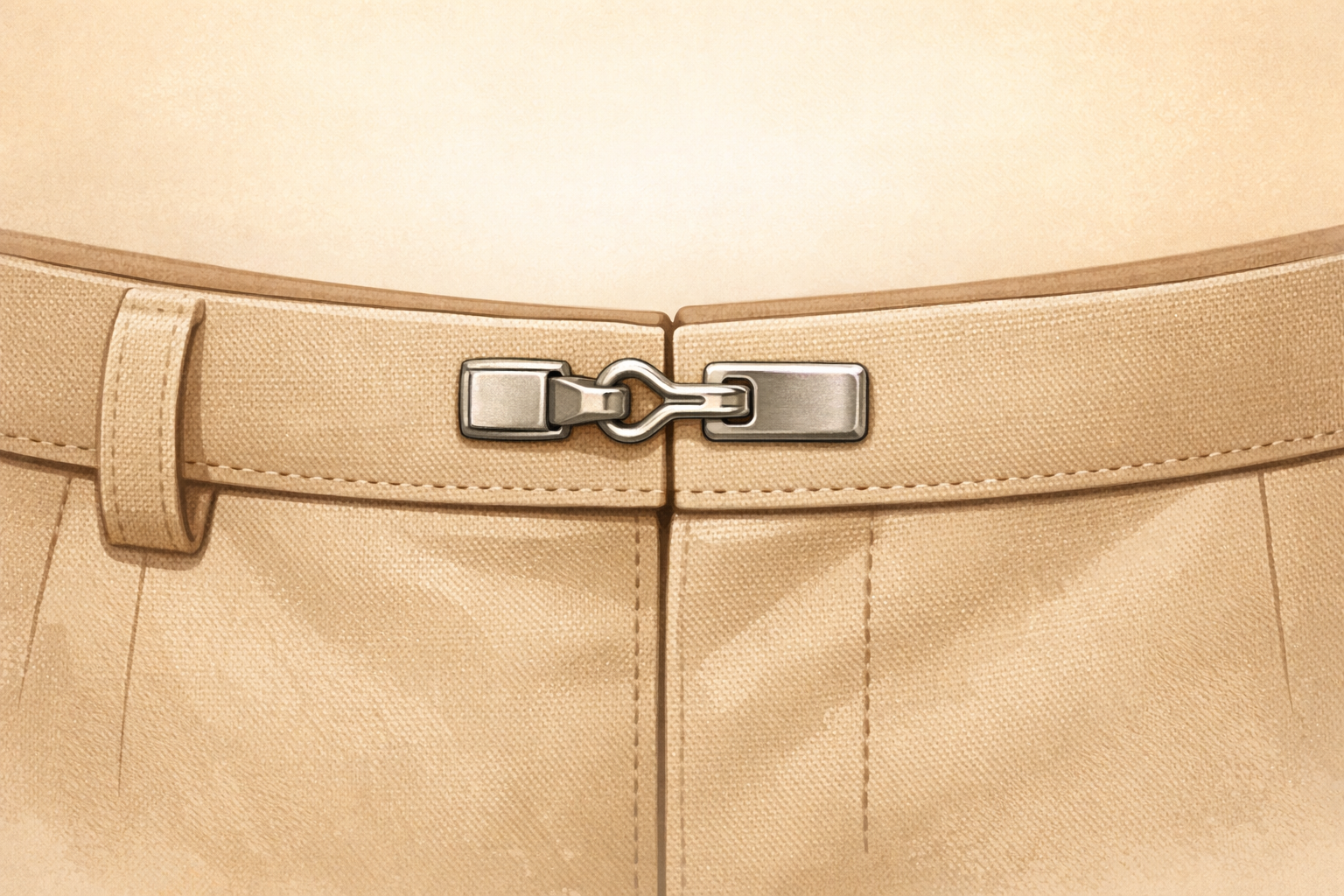 A hook connected to the eye and aligned flat against the opposite waistband side.