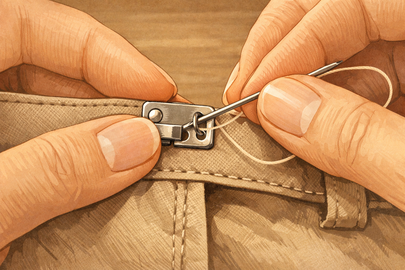 Stitches anchoring the hook base to the waistband while fingers steady it.