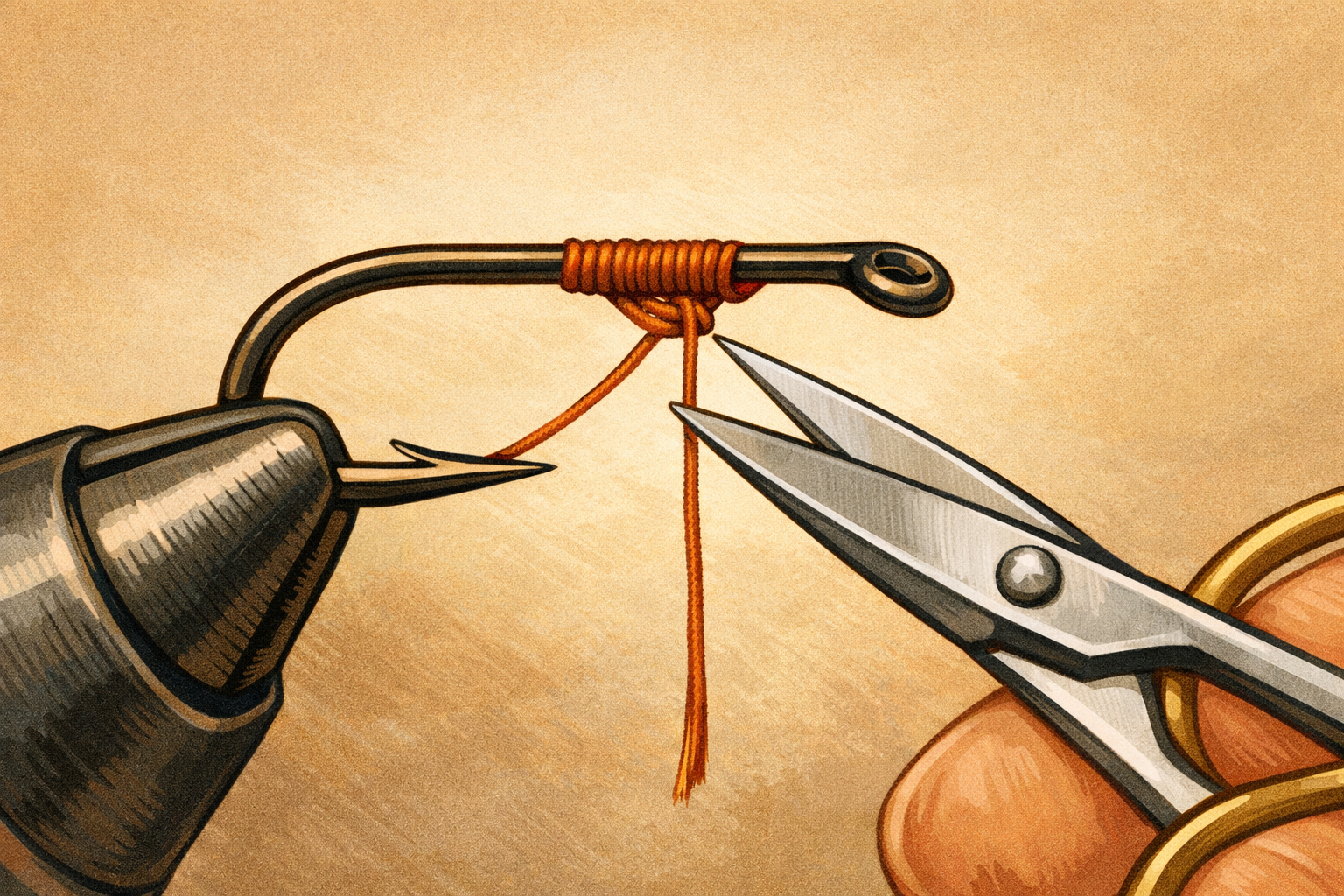 A small knot under the hook base with scissors ready to trim the thread.