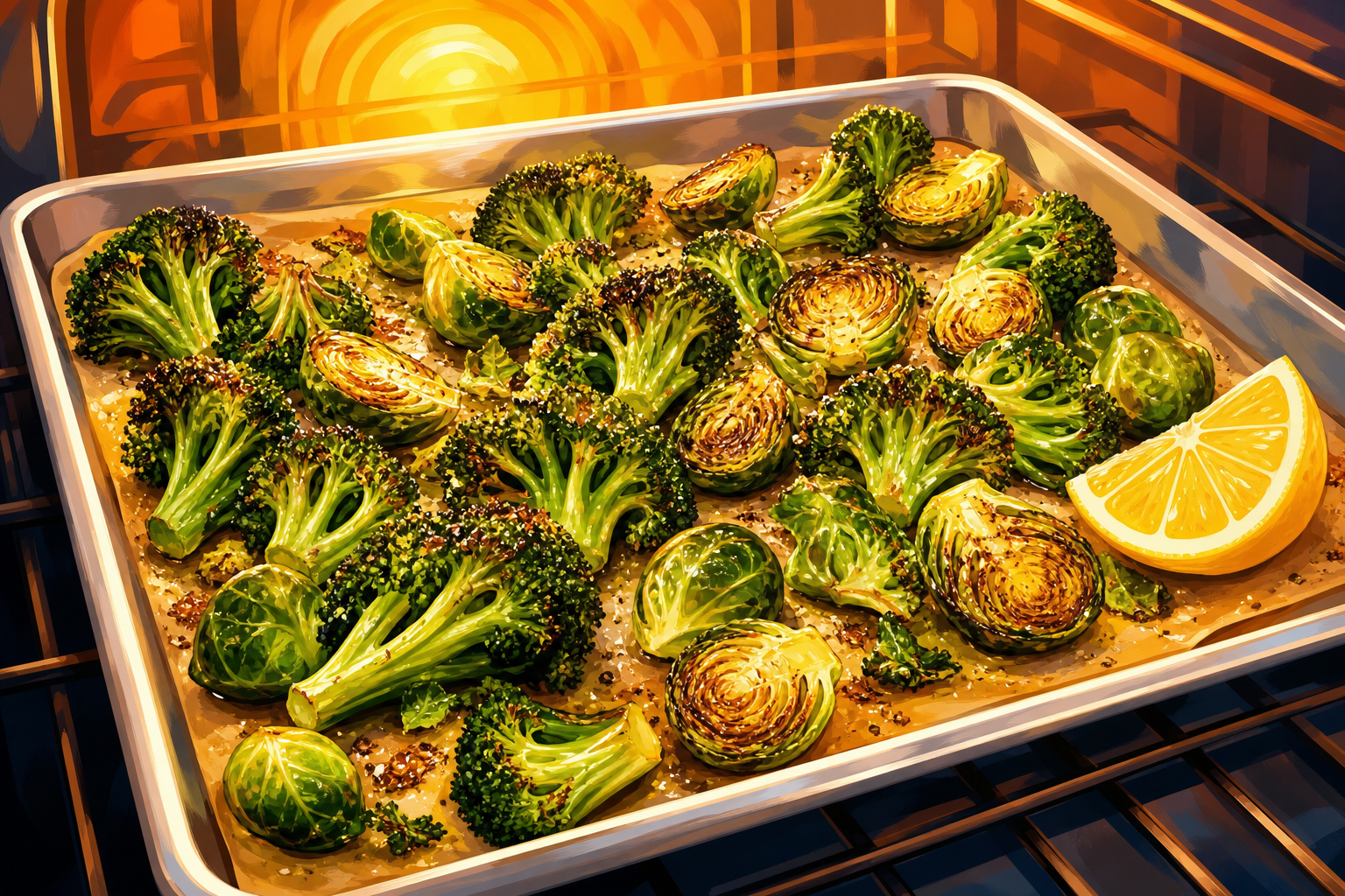 Illustration of a baking sheet holding crispy roasted broccoli and halved Brussels sprouts with a lemon wedge, warm oven glow in the background.
