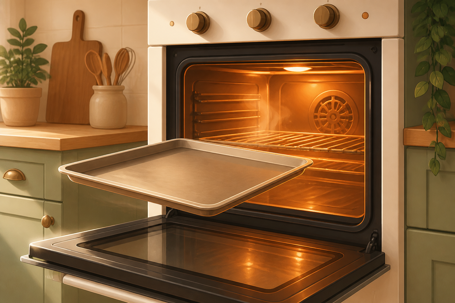 Illustration of an oven interior glowing hot with a baking sheet being inserted.