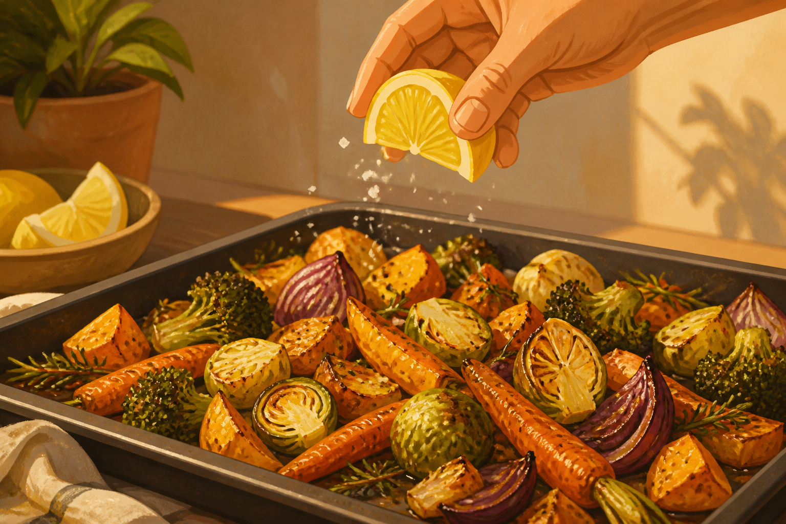 Illustration of roasted vegetables being finished with a squeeze of lemon and a pinch of salt.