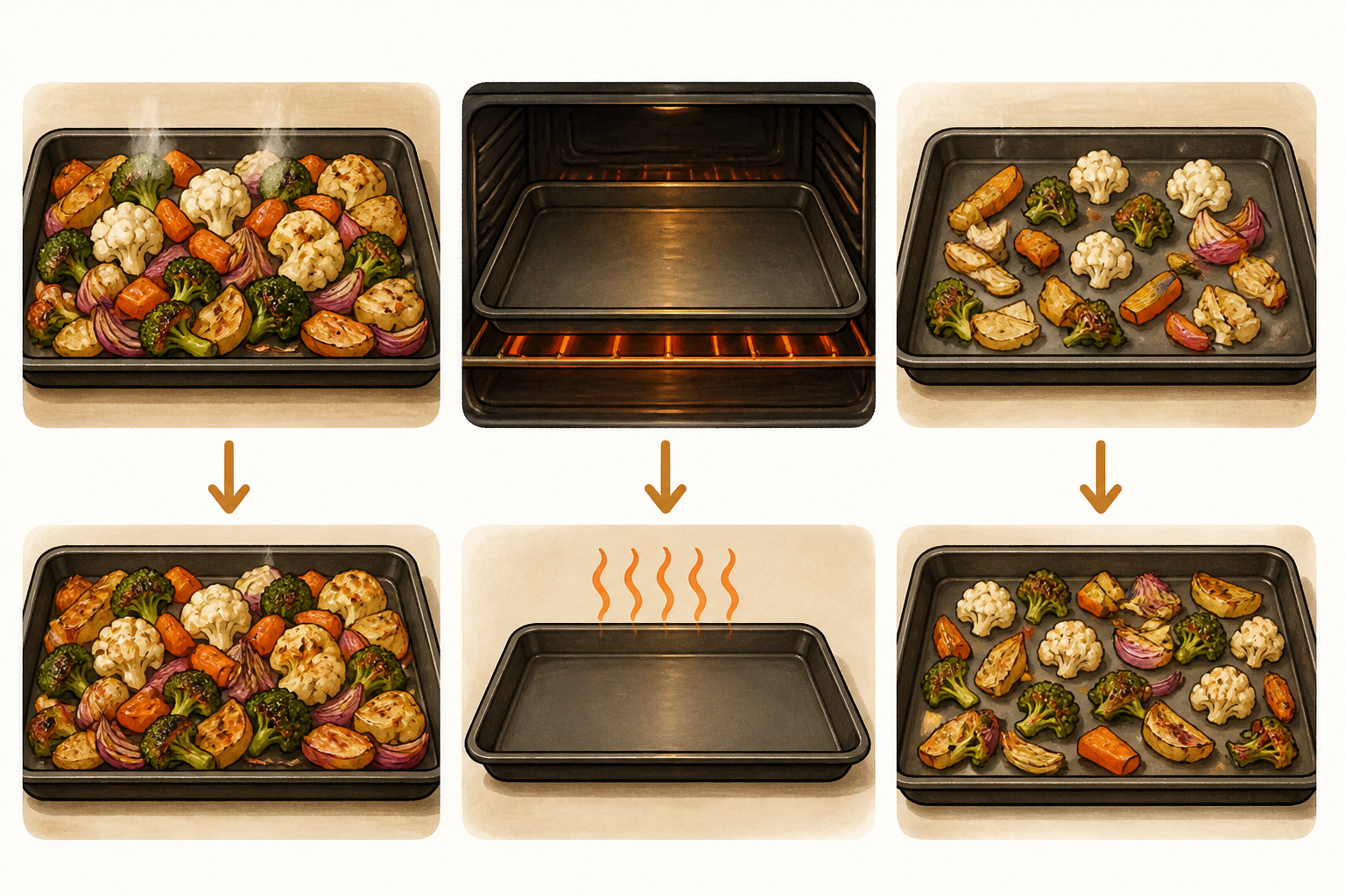 Illustration of three small panels showing common problems (crowding, cold pan) and fixes (use two pans, preheat sheet).