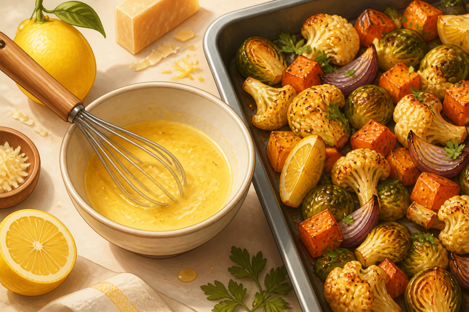 Illustration of a bowl with a lemon-Parmesan drizzle being whisked next to roasted vegetables.
