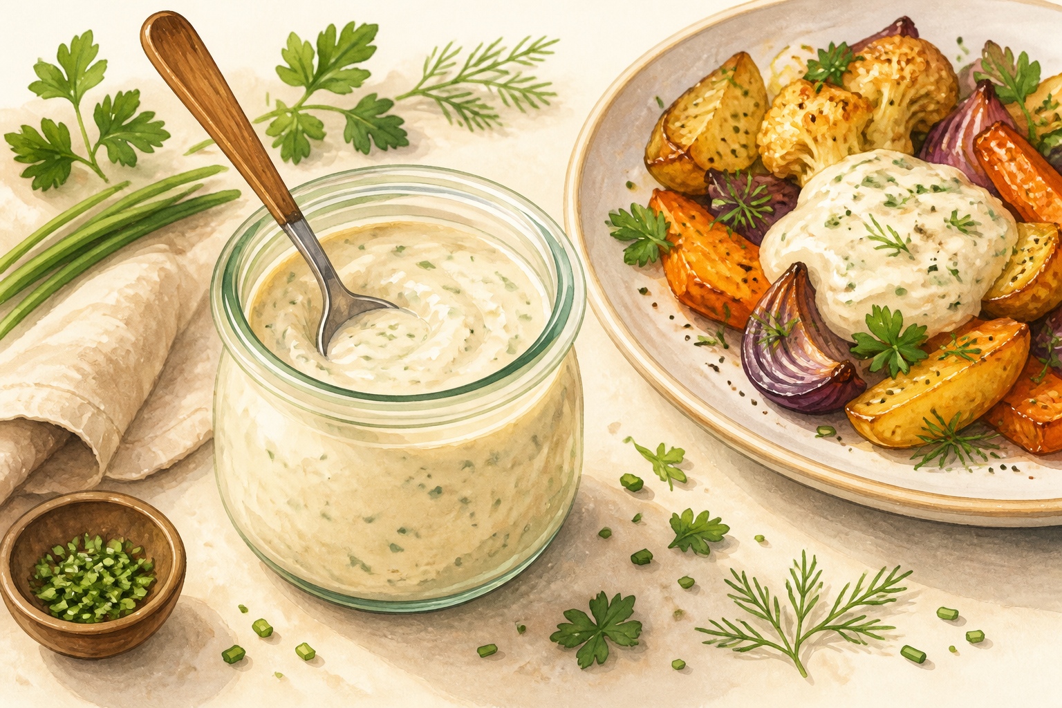 Illustration of a jar of creamy mustard-herb sauce with a spoon and herbs near roasted vegetables.