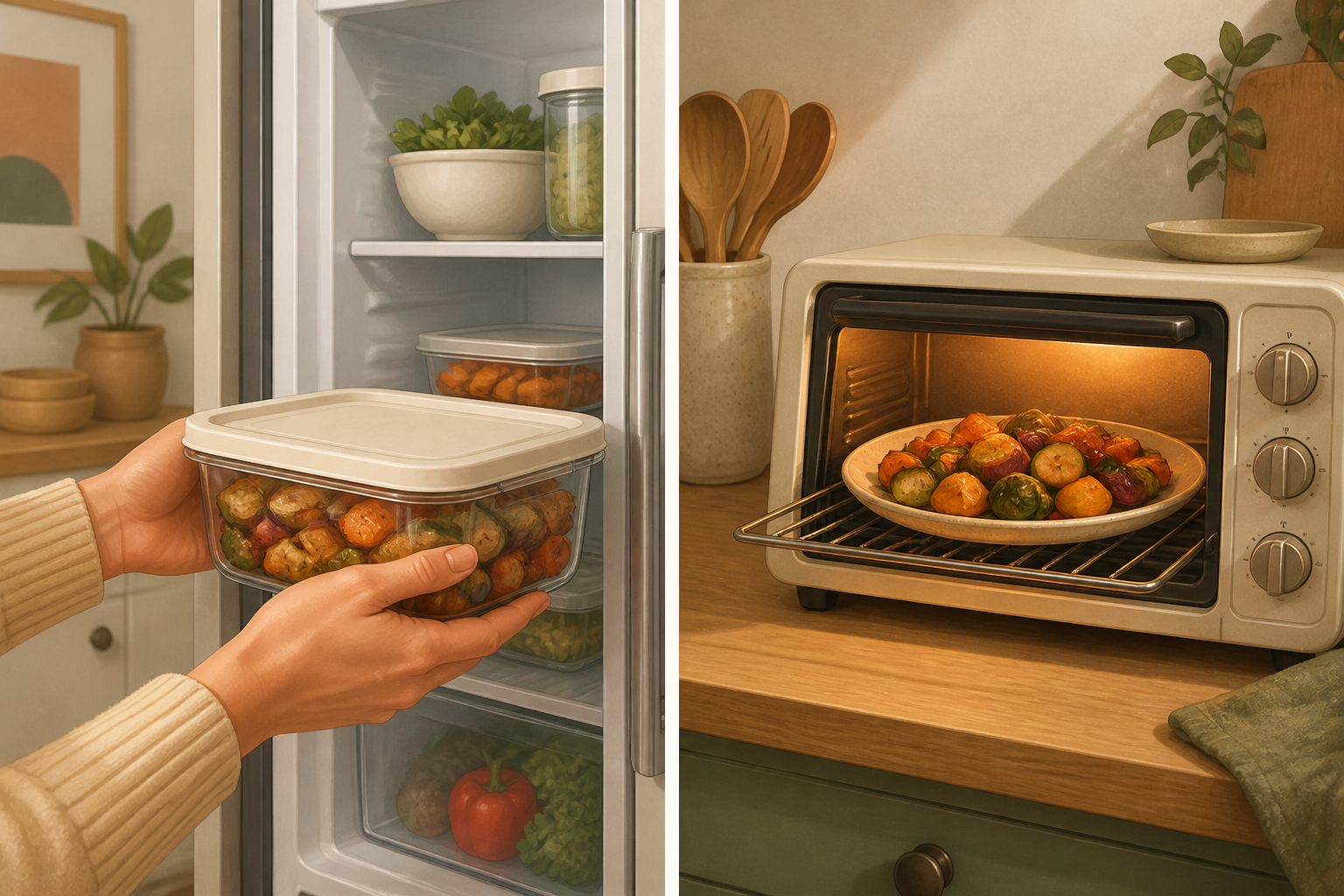 Illustration of roasted vegetables in a container going into a fridge and an oven reheating a plate.