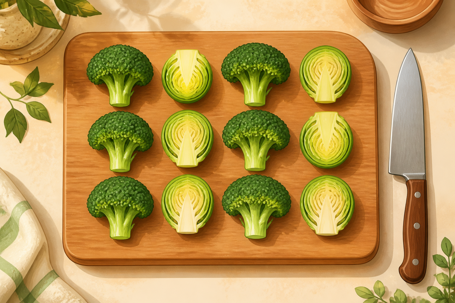 Illustration of a cutting board showing broccoli florets and halved Brussels sprouts with a knife.