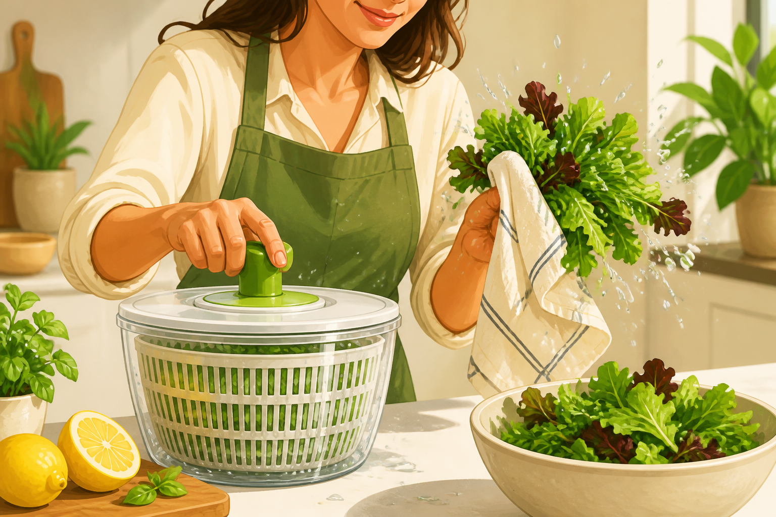 Illustration of a salad spinner and a towel being used to dry vegetables with water droplets around.