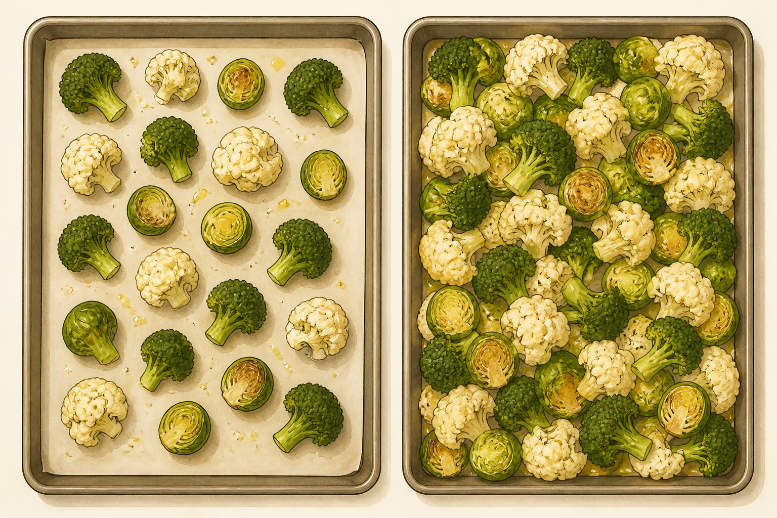 Illustration comparing an evenly spaced single layer of vegetables on a baking sheet to an overcrowded sheet.