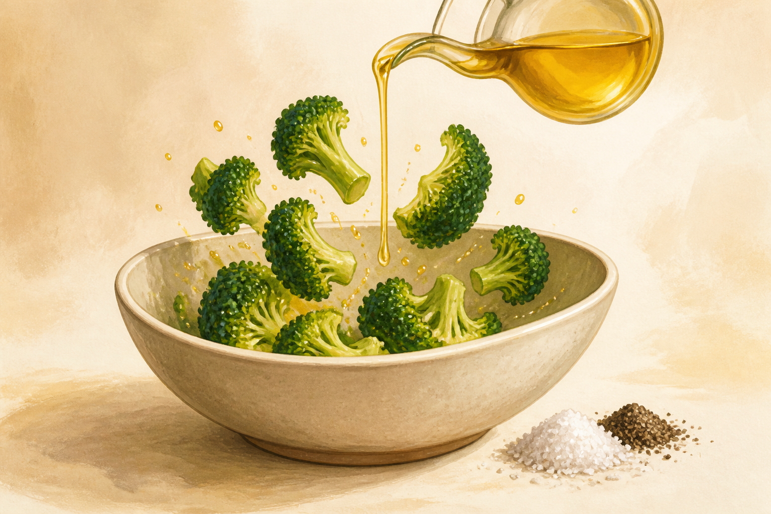 Illustration of vegetables being tossed in a bowl with oil being poured and salt and pepper nearby.