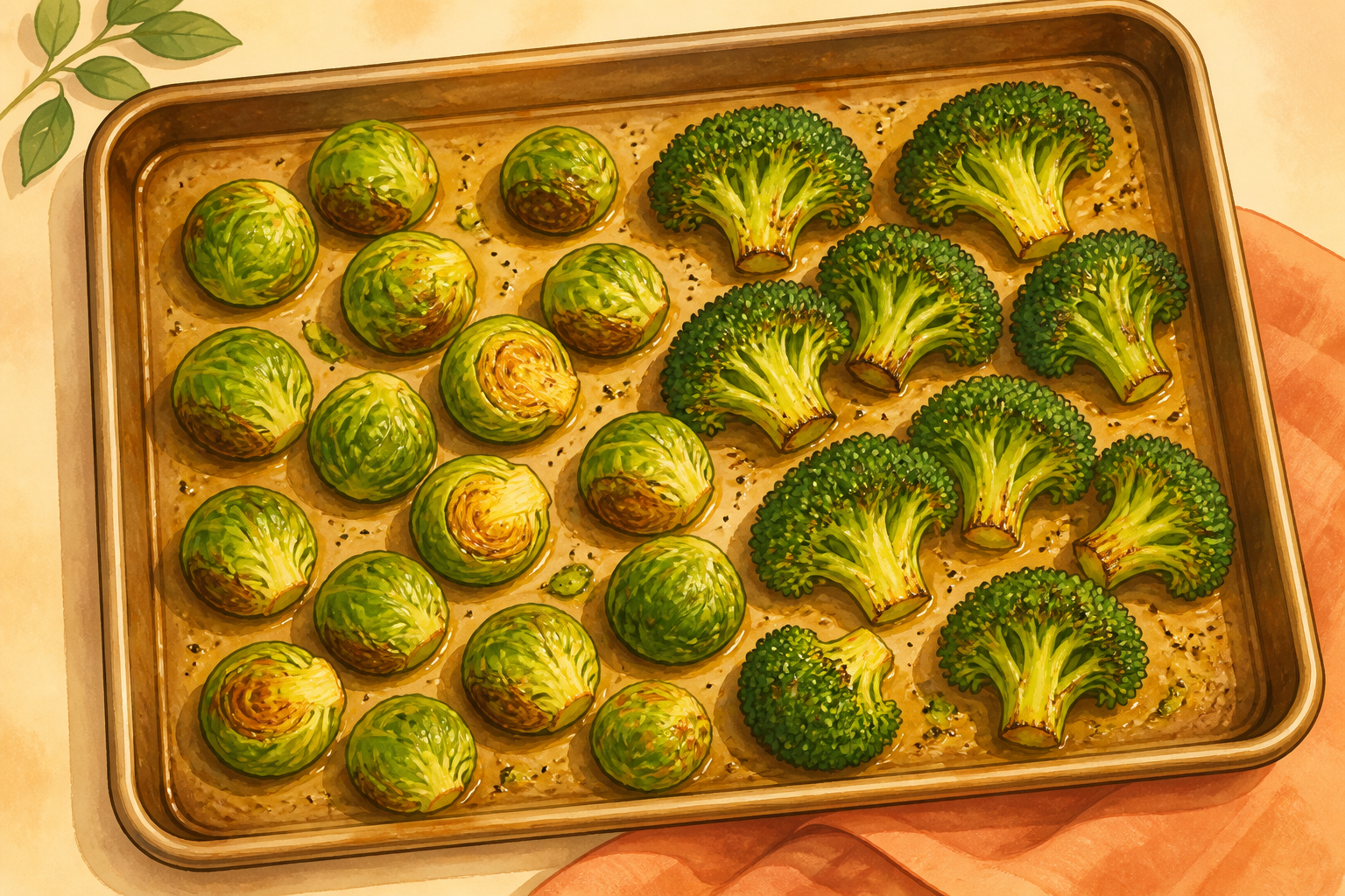 Illustration of a baking sheet with Brussels sprouts positioned cut-side down and broccoli florets with flat sides down.