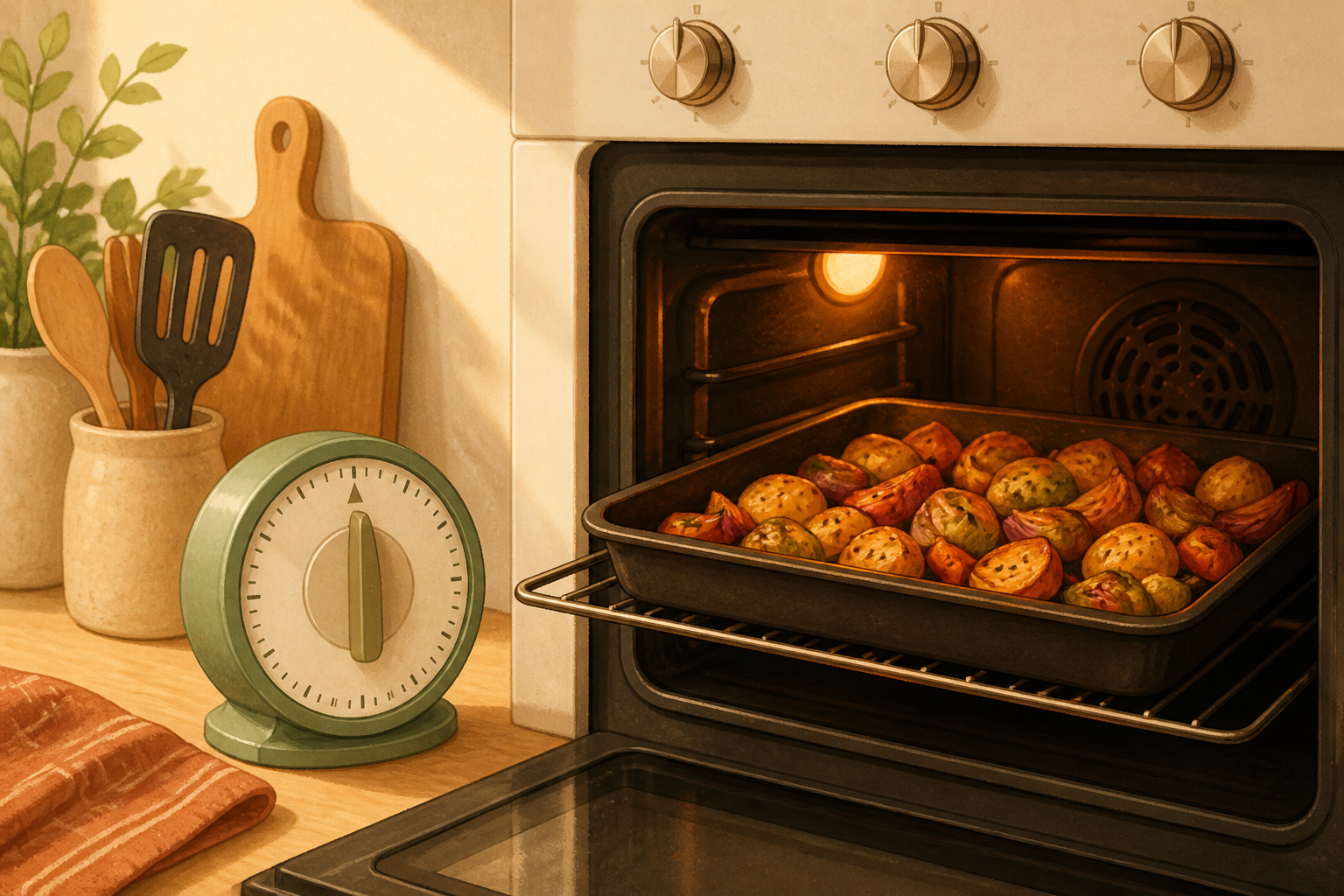 Illustration of a baking sheet with vegetables inside an oven and a timer nearby.