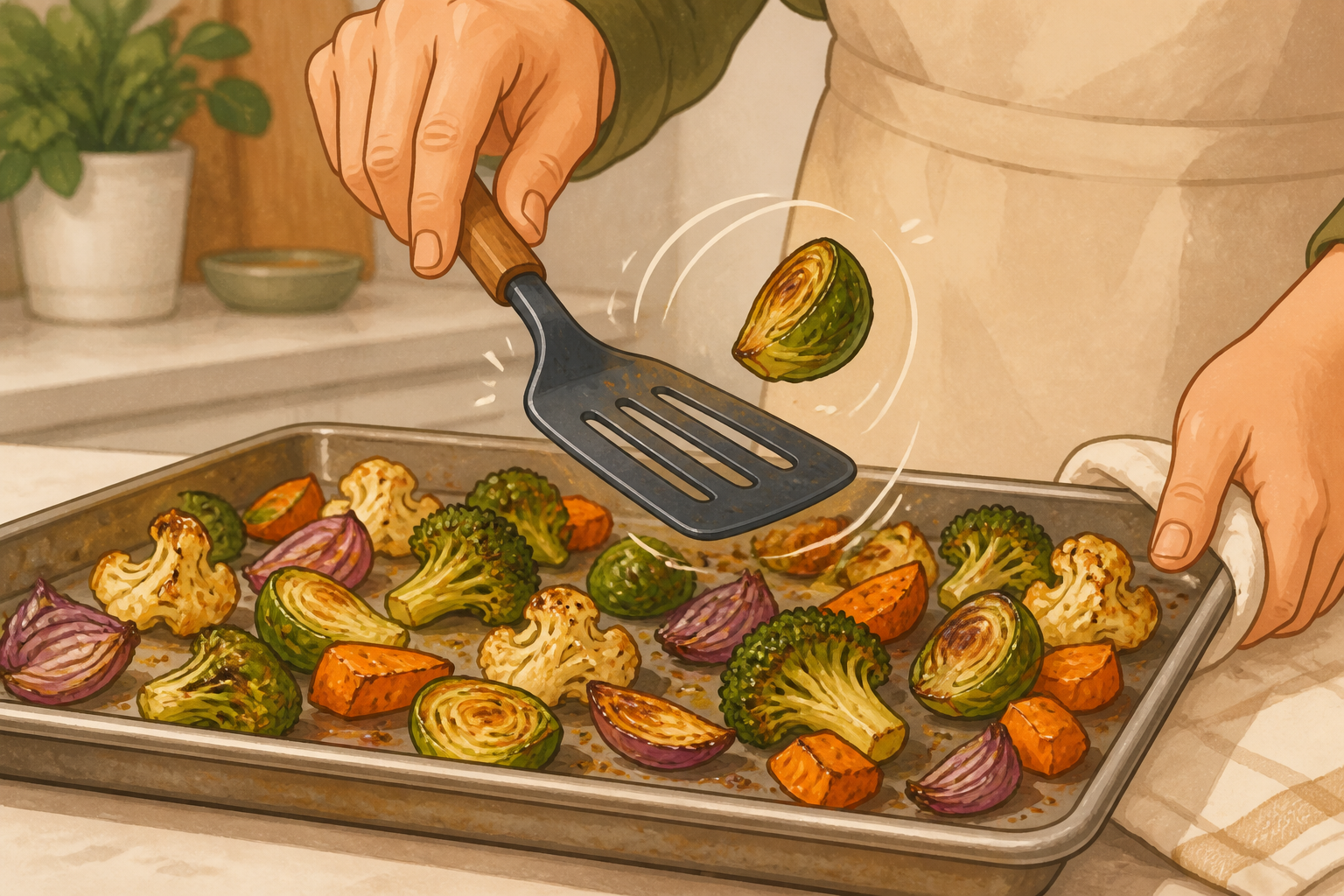Illustration showing a spatula flipping vegetables on a baking sheet with motion lines.