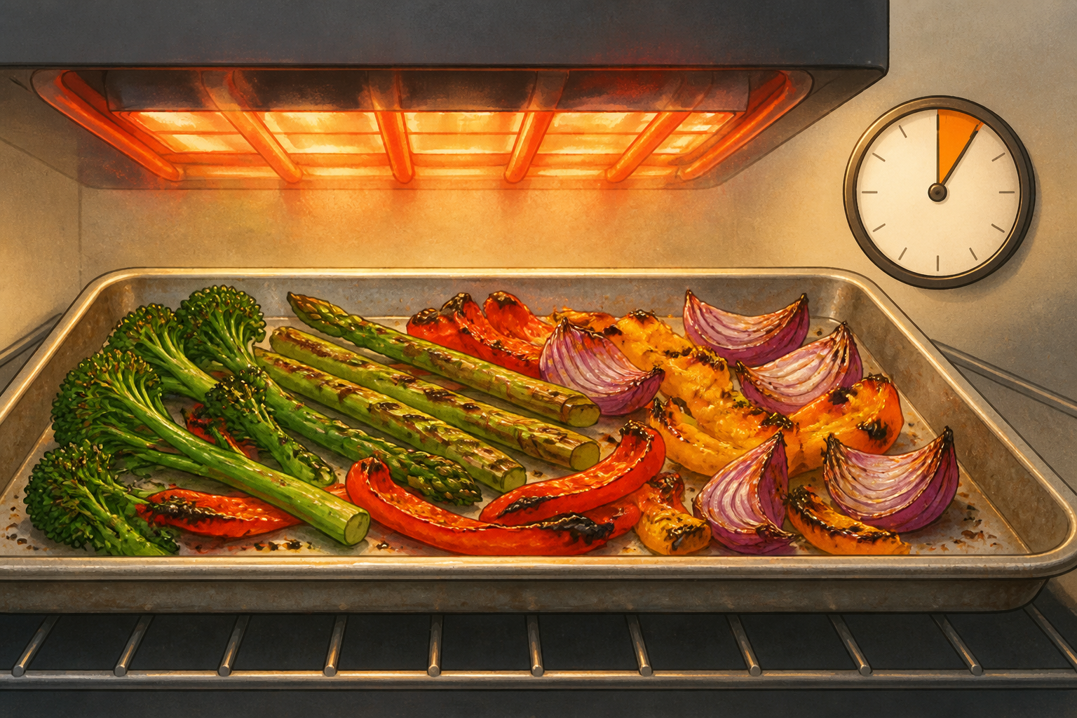 Illustration of a pan under a broiler with vegetables developing char marks and a small clock indicating a brief time.