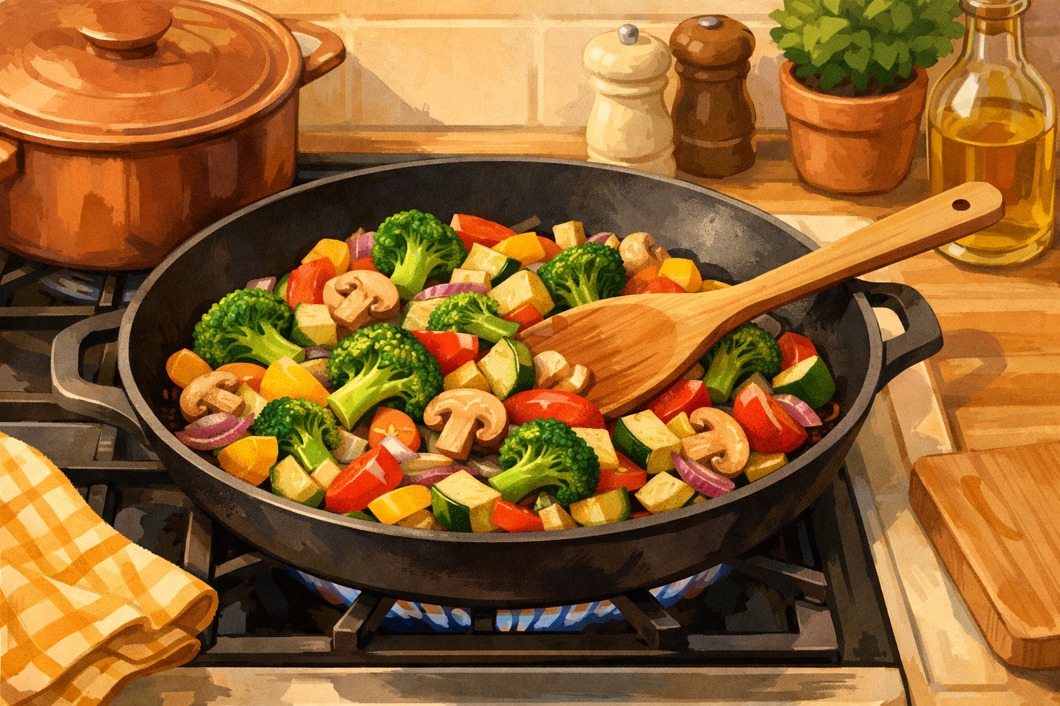 A skillet on a stove with colorful sautéed vegetables and a wooden spatula beside it.