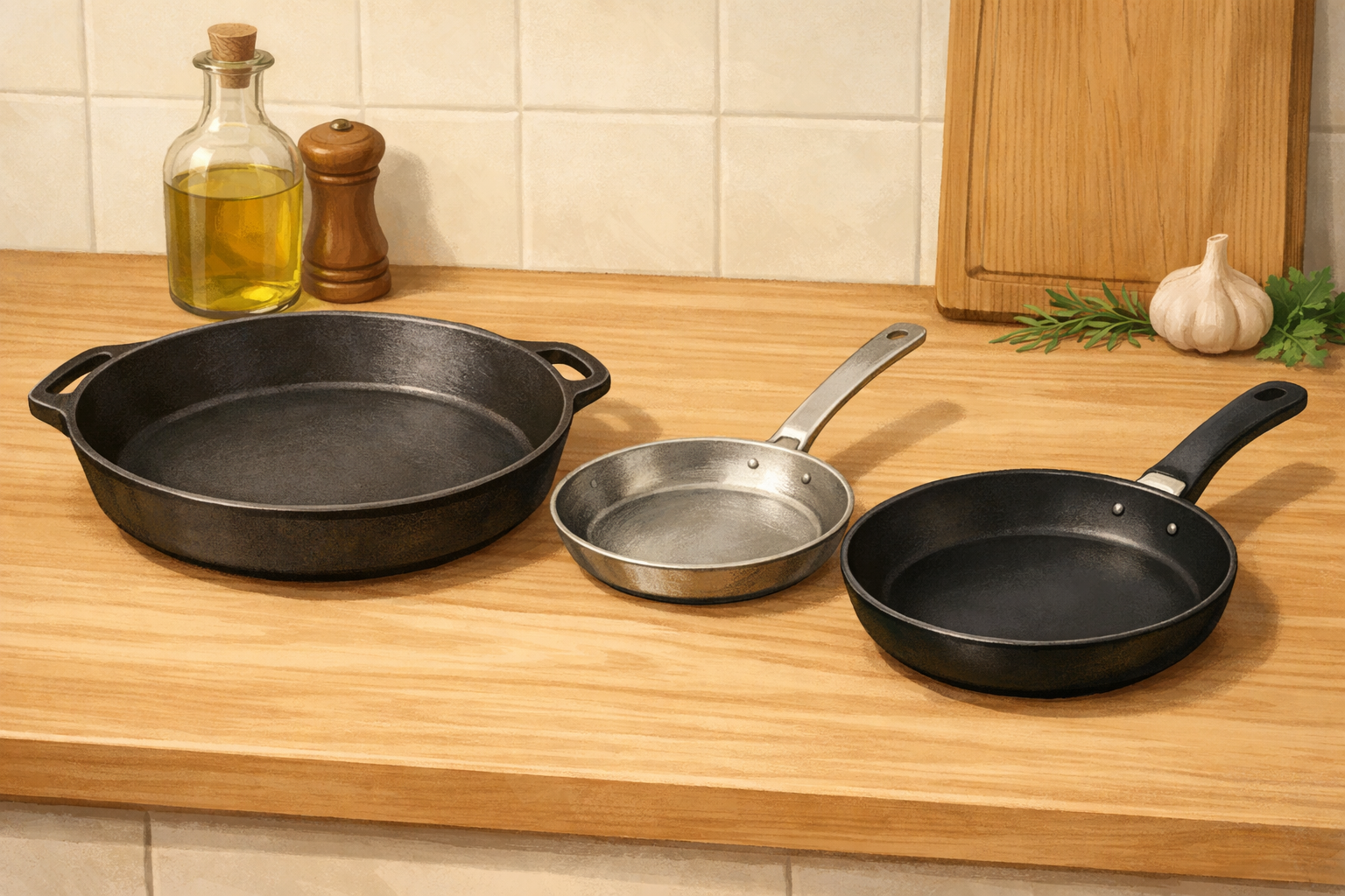 A wide heavy skillet beside a thinner pan and a nonstick pan on a kitchen counter.
