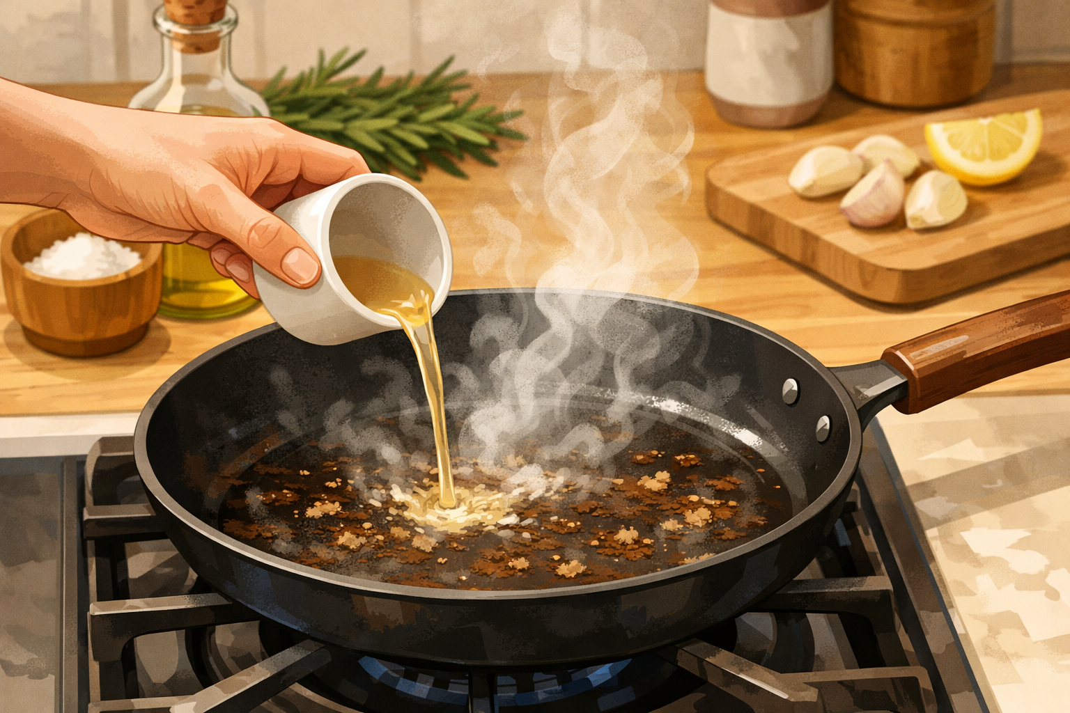 A small splash of liquid being poured into a pan to lift browned bits.