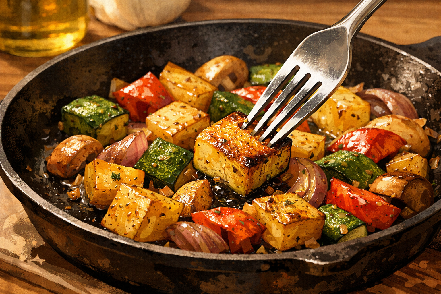 A utensil tip testing a lightly browned vegetable in the skillet.