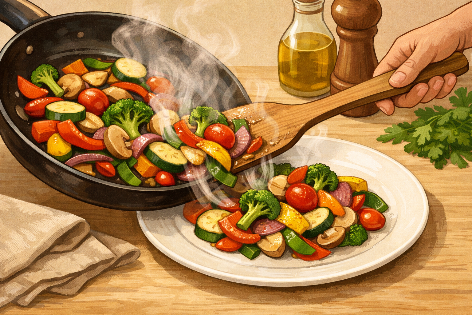 Cooked vegetables being slid from a skillet onto a plate with light steam.