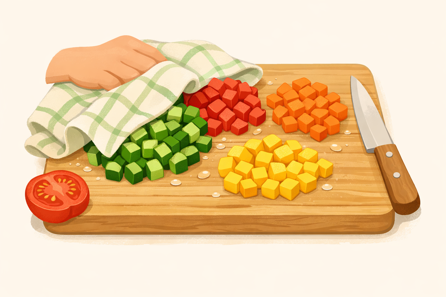 Evenly chopped vegetables on a board with a towel blotting moisture.