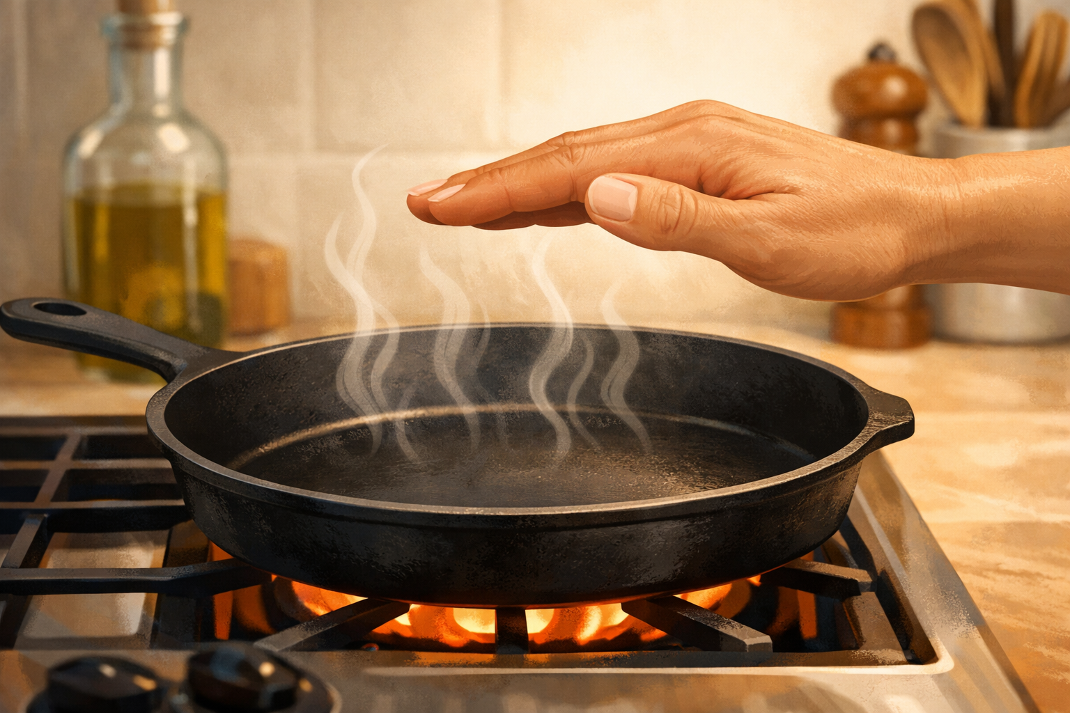 A pan on a stove with faint heat waves and a hand held above to feel warmth.
