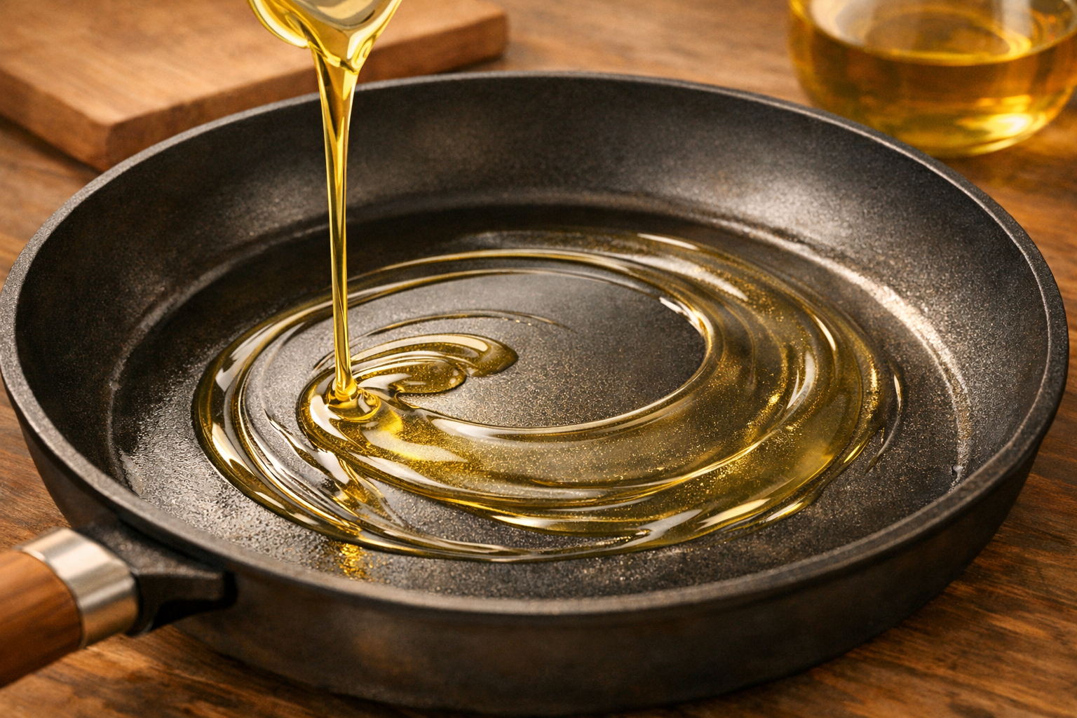Oil being swirled to form a thin shimmering layer in a pan.