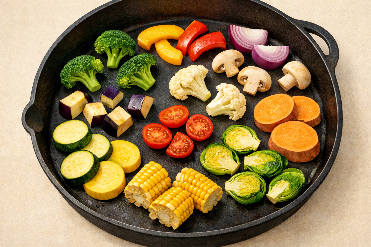 Firm vegetables spread in one layer across a skillet.
