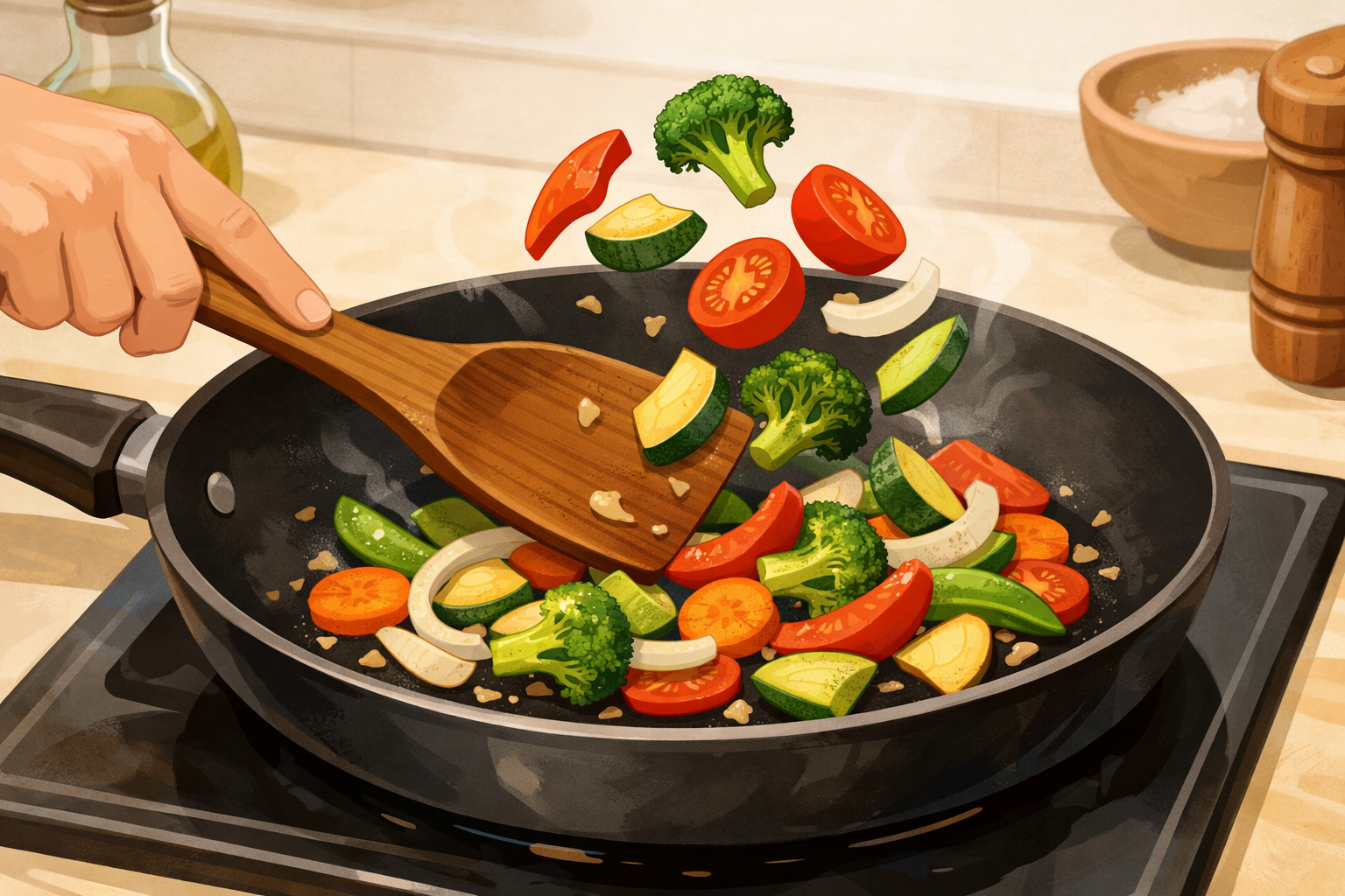 A hand tossing vegetables with a spatula while some pieces rest against the pan.