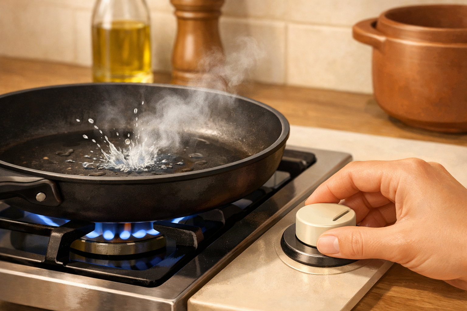 A hand turning a stove knob while a small puff of steam rises from a pan.