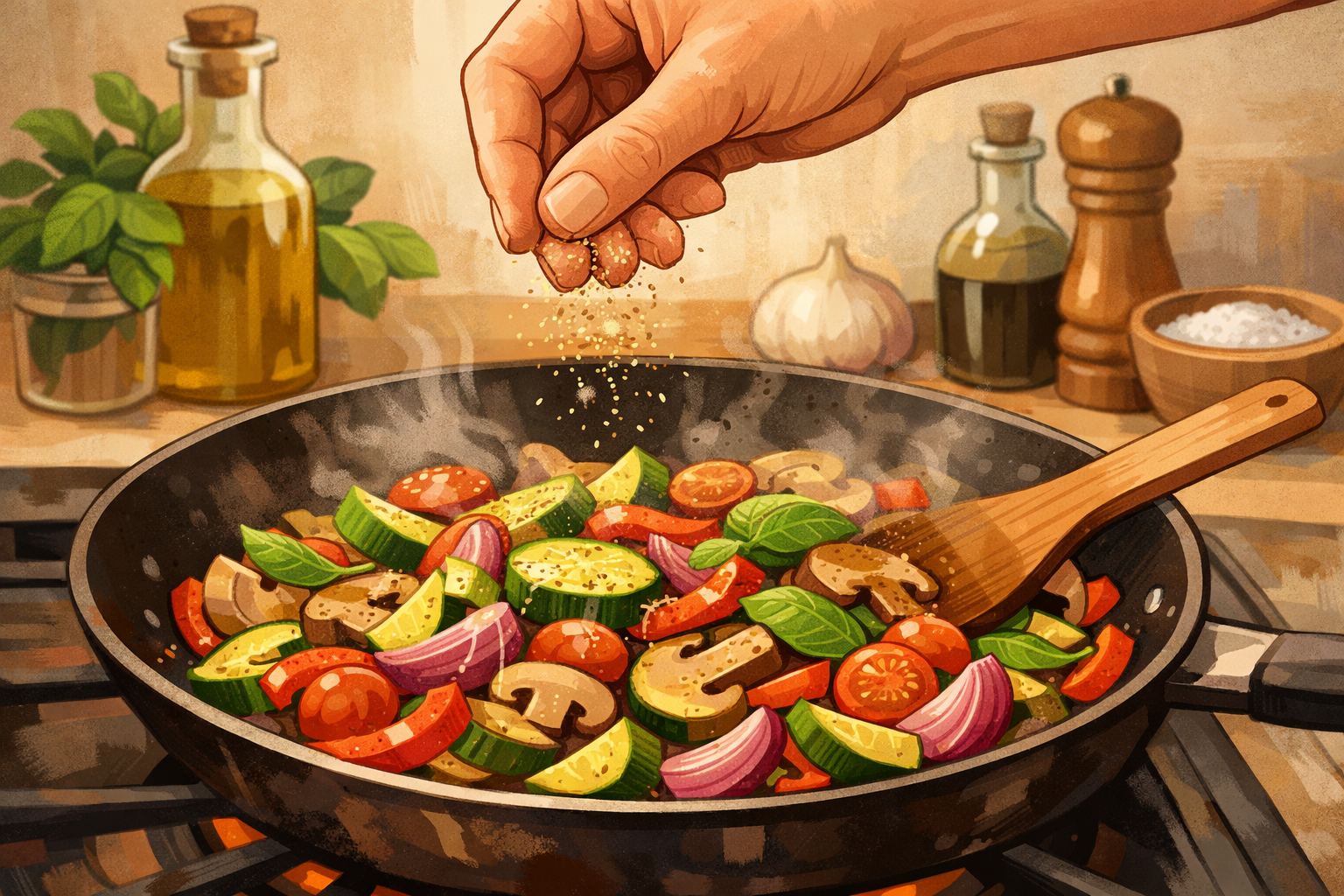 A hand sprinkling a light pinch of seasoning over vegetables in a pan.