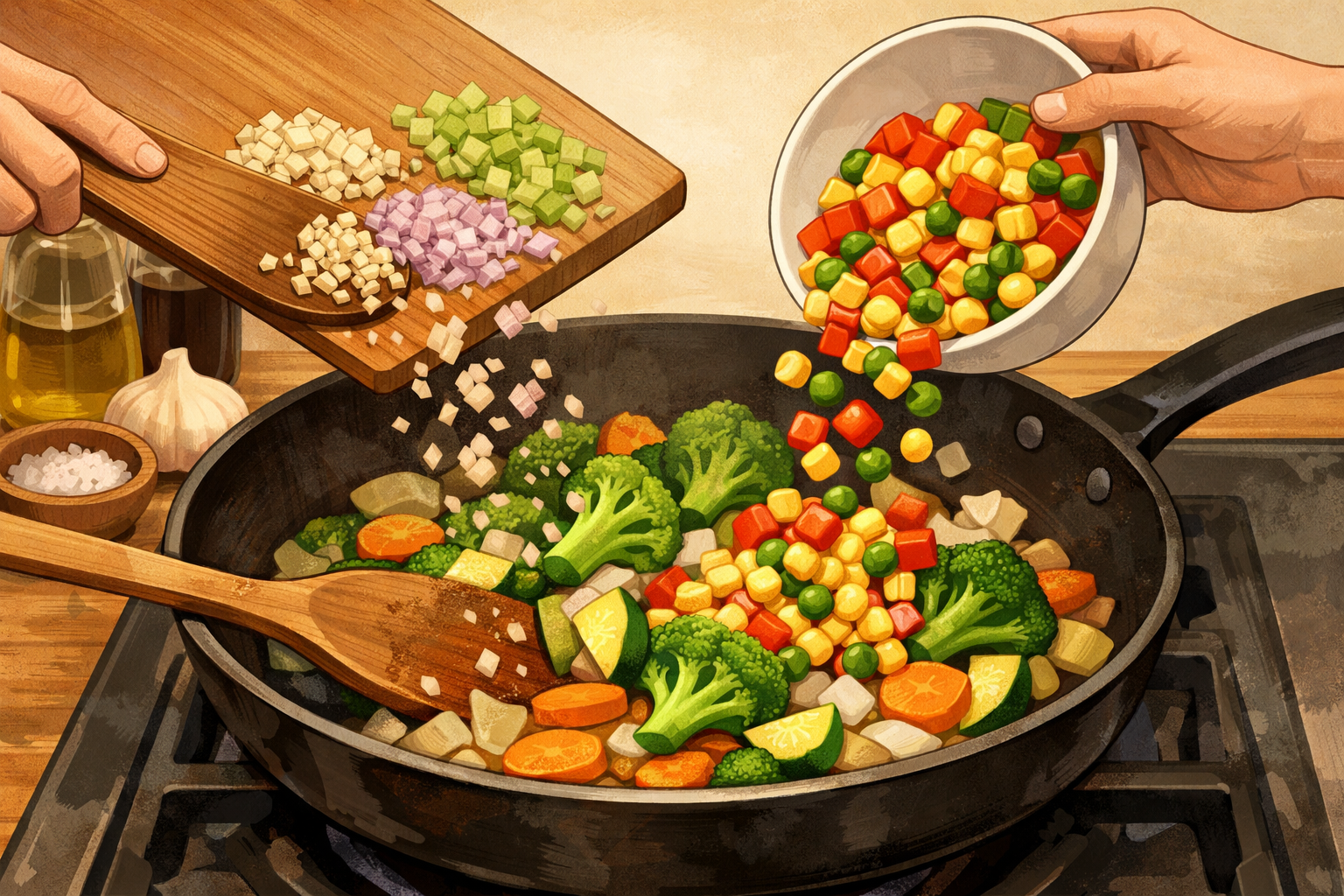 Tender vegetables and a little minced garlic being added to a pan of sautéing vegetables.