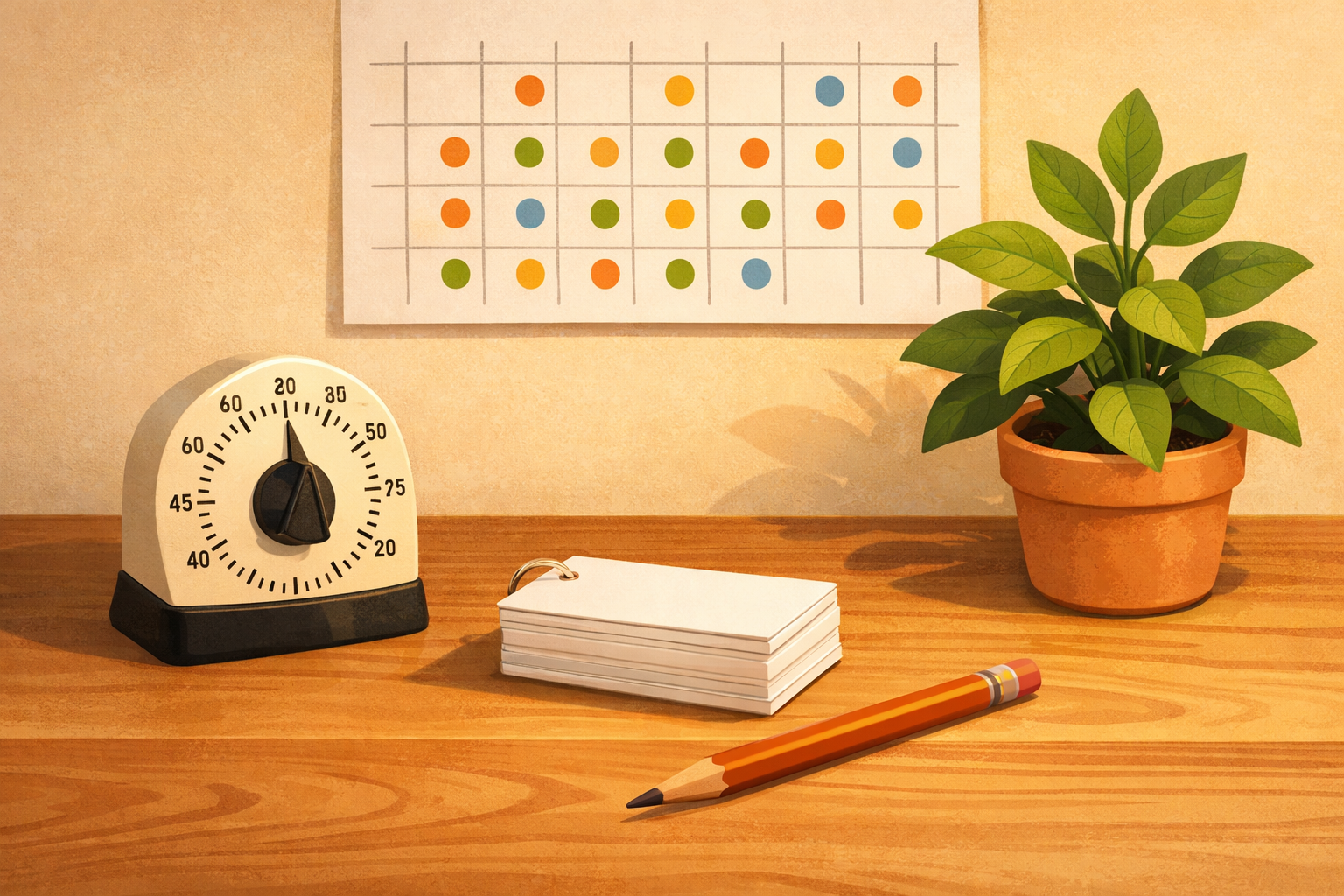 A cozy study nook with a timer, flashcards, and a calendar marked with dots, suggesting a short daily language routine.