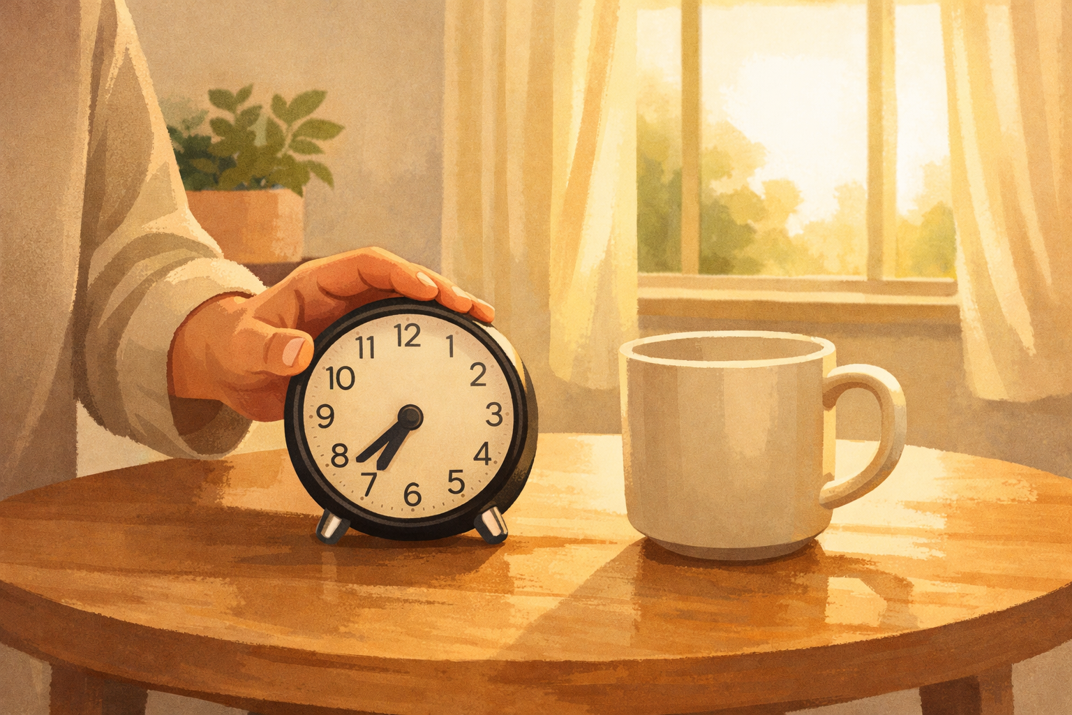 Someone setting a clock next to a mug at a small table, creating a calm daily study moment.