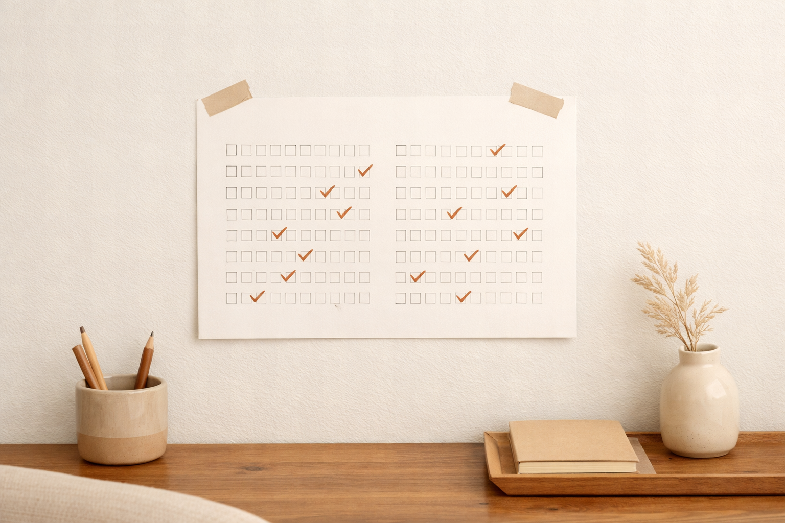 A minimal calendar with checked boxes showing progress over days.