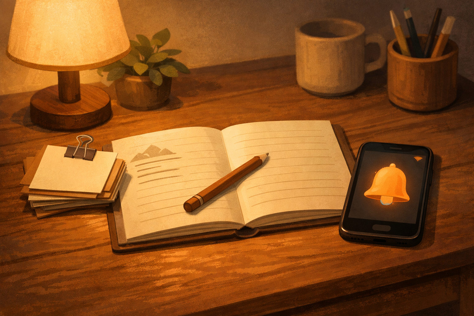 A desk prepared for the next session with materials ready and a reminder set.