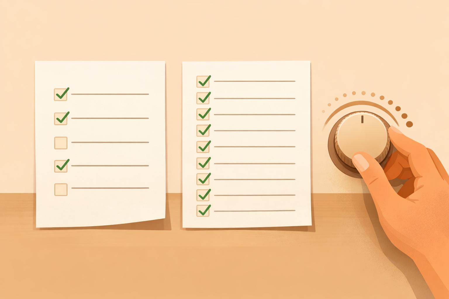 Two progress sheets comparing weeks and a hand adjusting a small dial to fine‑tune the routine.