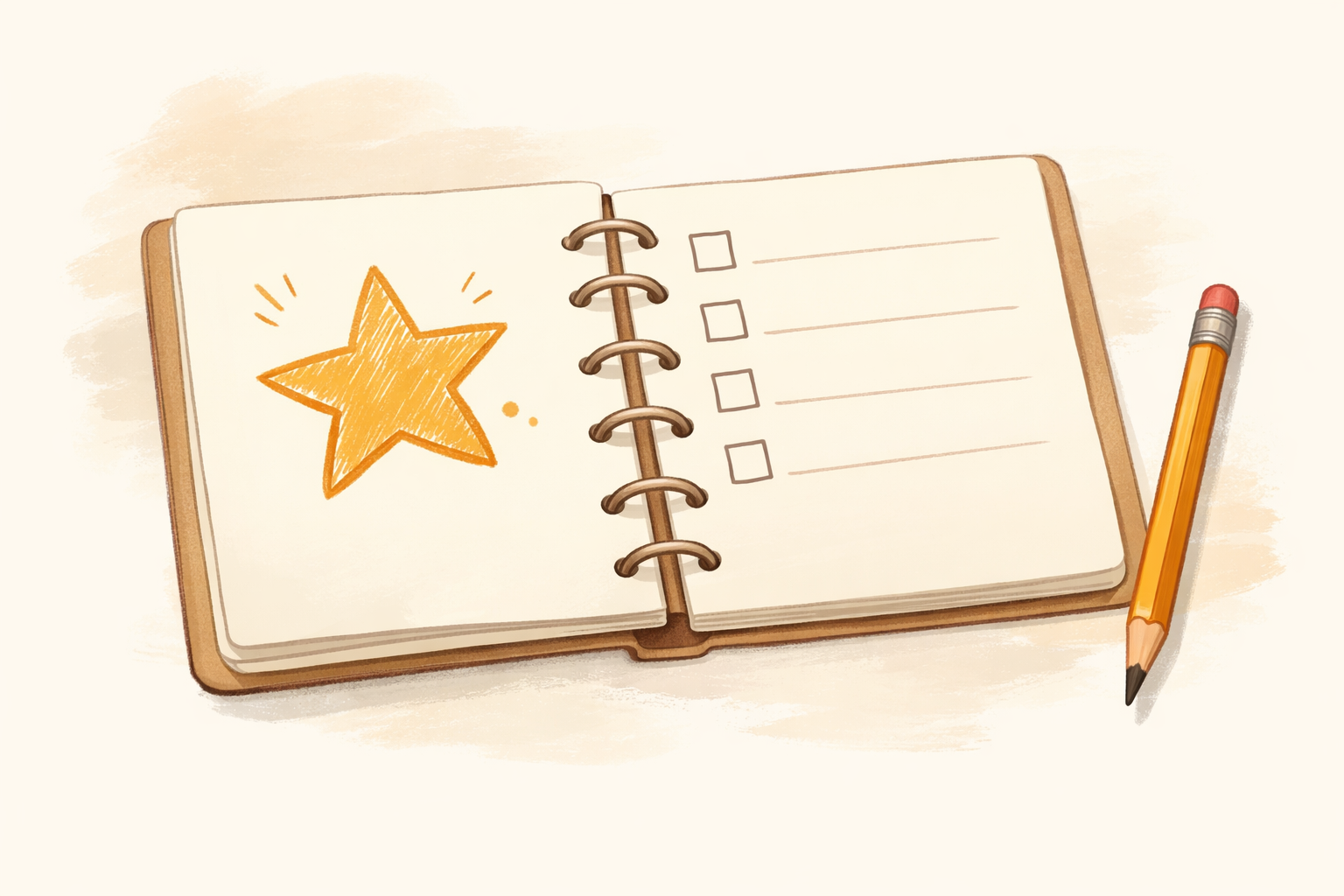 An open notebook with a simple checklist and a pencil, representing a small clear goal.