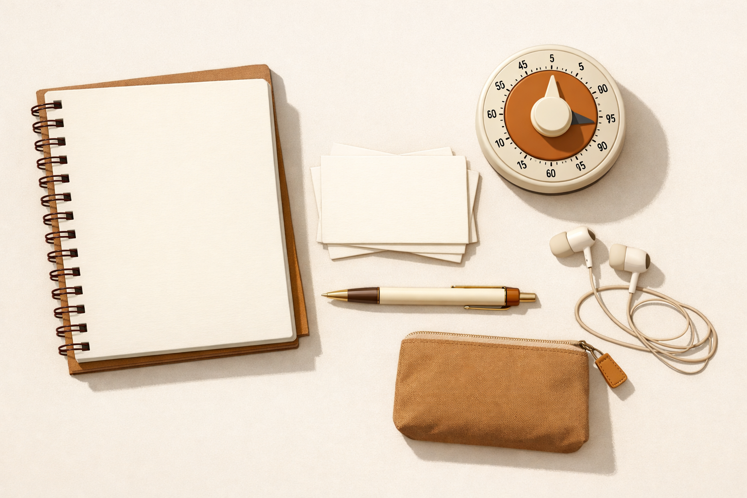 A tidy set of study tools—notebook, cards, pen, timer, and earphones—arranged together.